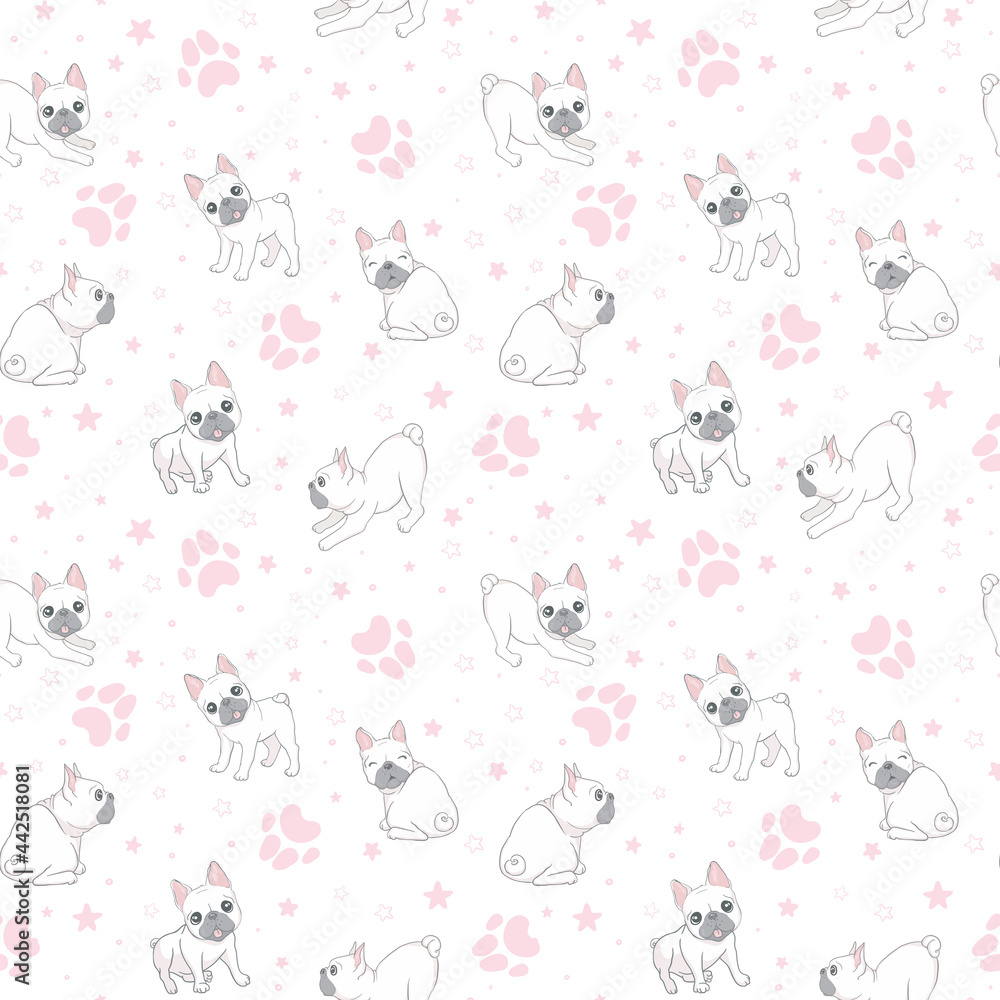 Seamless pattern with cute french bulldog on white background.