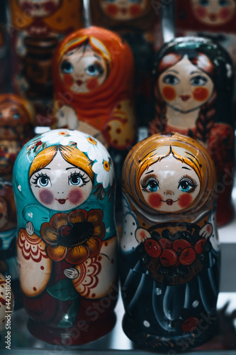 Many Russian painted dolls matryoshka. Vertical shot