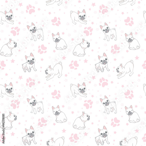 Seamless pattern with cute french bulldog on white background.