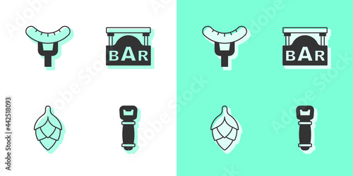 Set Bottle opener, Sausage on the fork, Hop and Street signboard with Bar icon. Vector