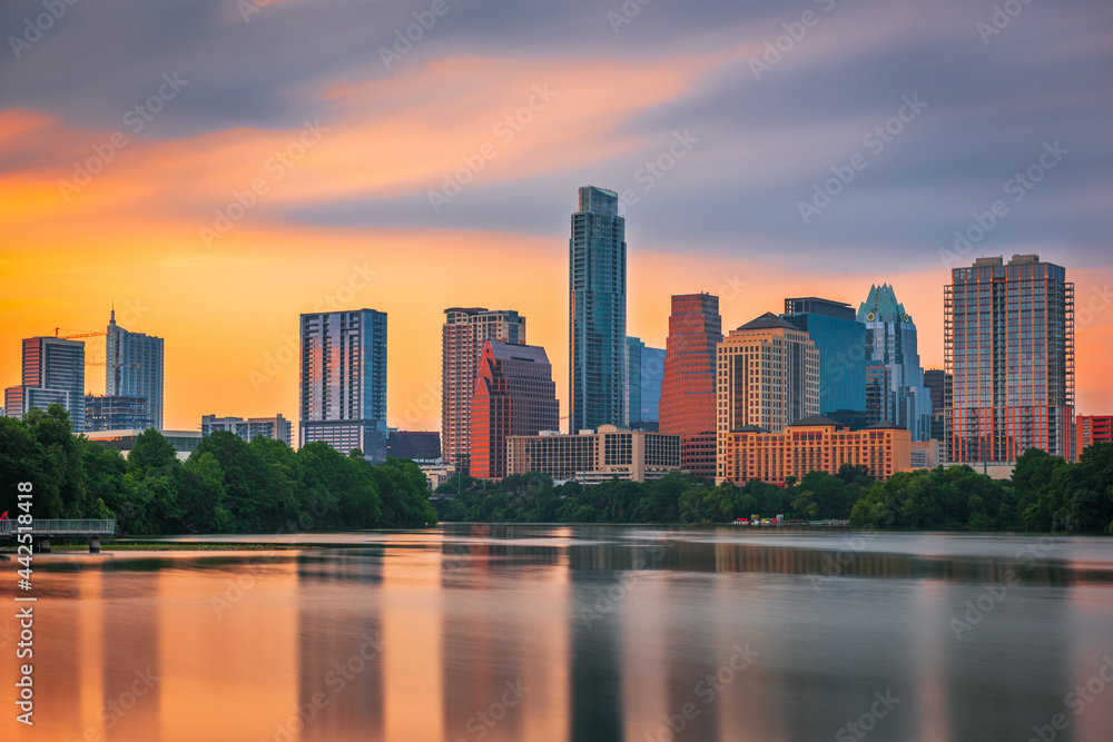 Austin, Texas, USA downtown skyline over the Colorado River Austin, Texas, USA downtown skyline over the Colorado River