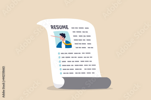 Lying on resume CV to get hired, dishonesty or integrity problem on work experience and career history, fake education degree concept, resume paper with photo of liar pinocchio long nose businessman.