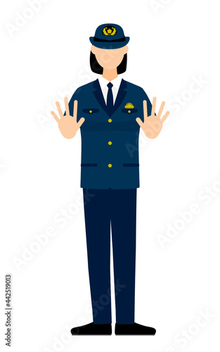 若い女性警官のポーズ、両手を前に出して制止する