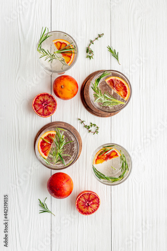 Summer cocktails with blood orange grapefruit and ice. Top view
