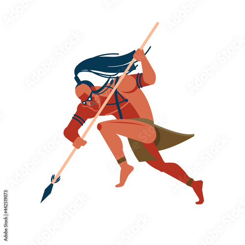Warrior of indigenous African tribes, an Australian and American set ofs, a member of the tribe attacks the enemy with a spear in his hand. Vector illustration on white background.