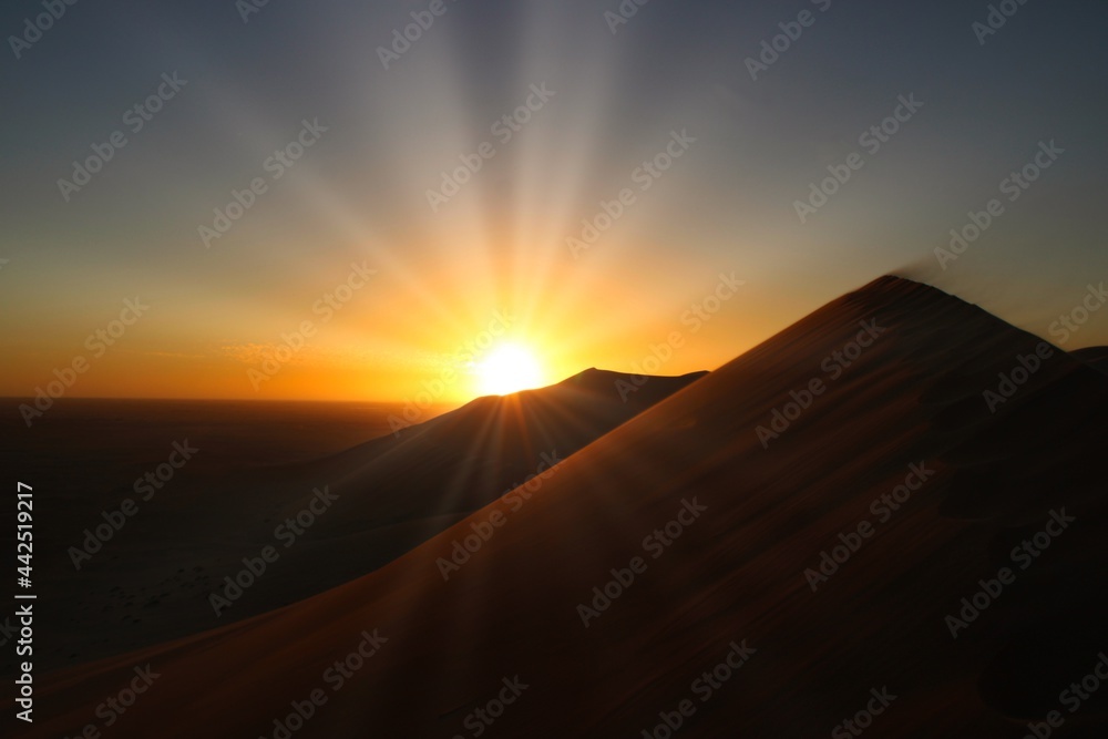 Panoramic Sunset over Dune 7 in Namib Desert, Namibia close to the city of Walvis Bay