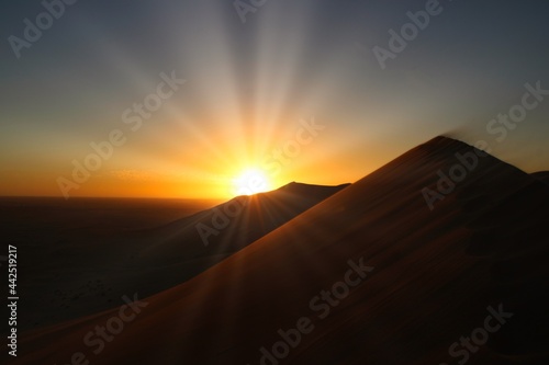 Panoramic Sunset over Dune 7 in Namib Desert, Namibia close to the city of Walvis Bay © been.there.recently
