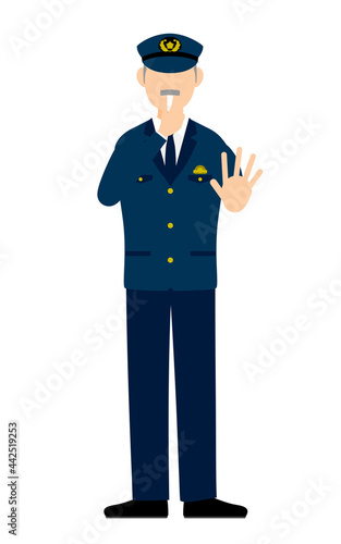 シニア男性警官のポーズ、笛を吹いて制止する