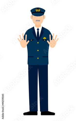 シニア男性警官のポーズ、両手を前に出して制止する