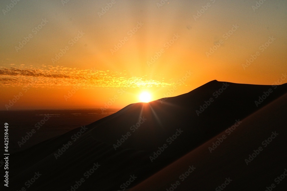 Panoramic Sunset over Dune 7 in Namib Desert, Namibia close to the city of Walvis Bay Panoramic Sunset over Dune 7 in Namib Desert, Namibia close to the city of Walvis Bay