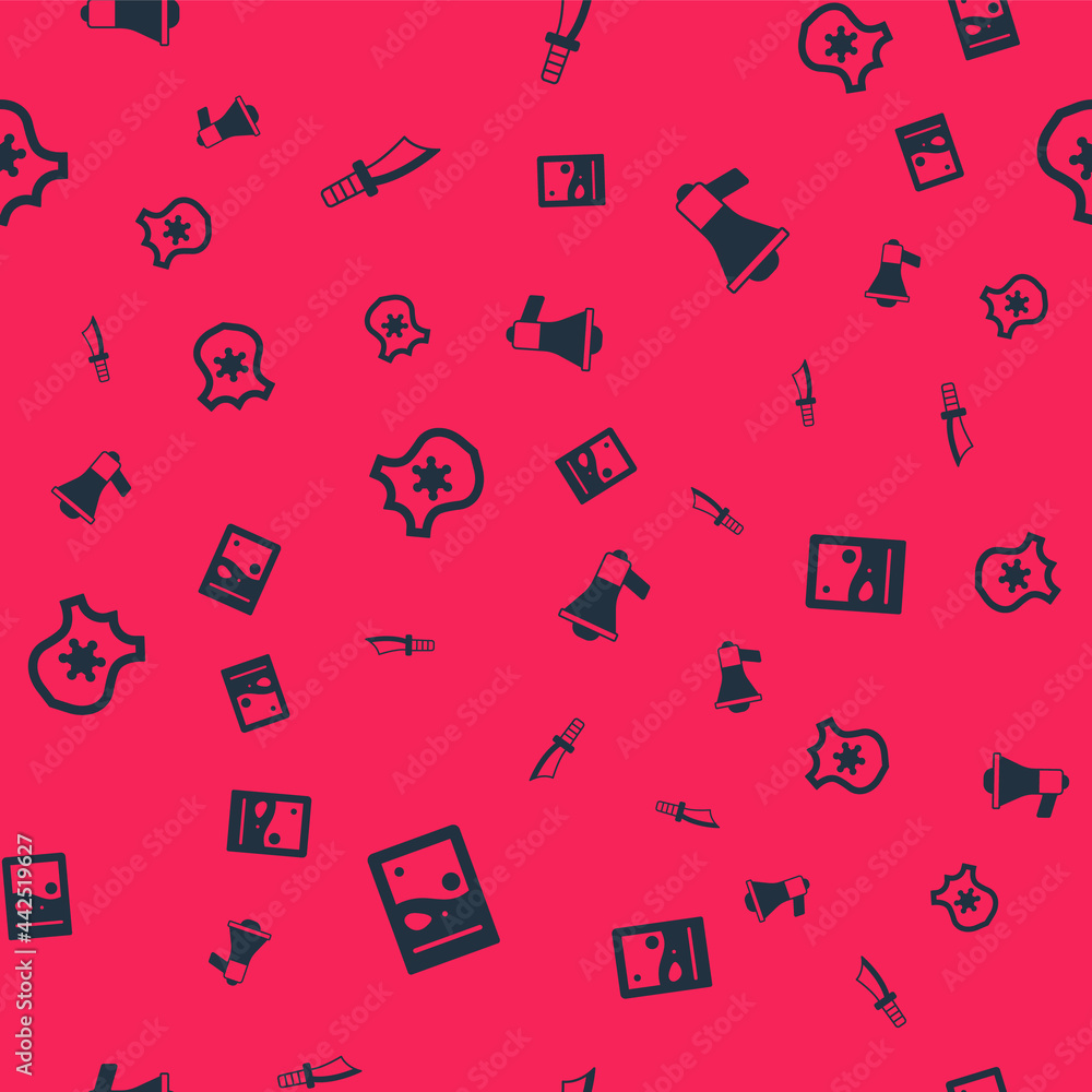 Set Plastic bag of drug, Military knife, Police badge and Megaphone on seamless pattern. Vector Set Plastic bag of drug, Military knife, Police badge and Megaphone on seamless pattern. Vector
