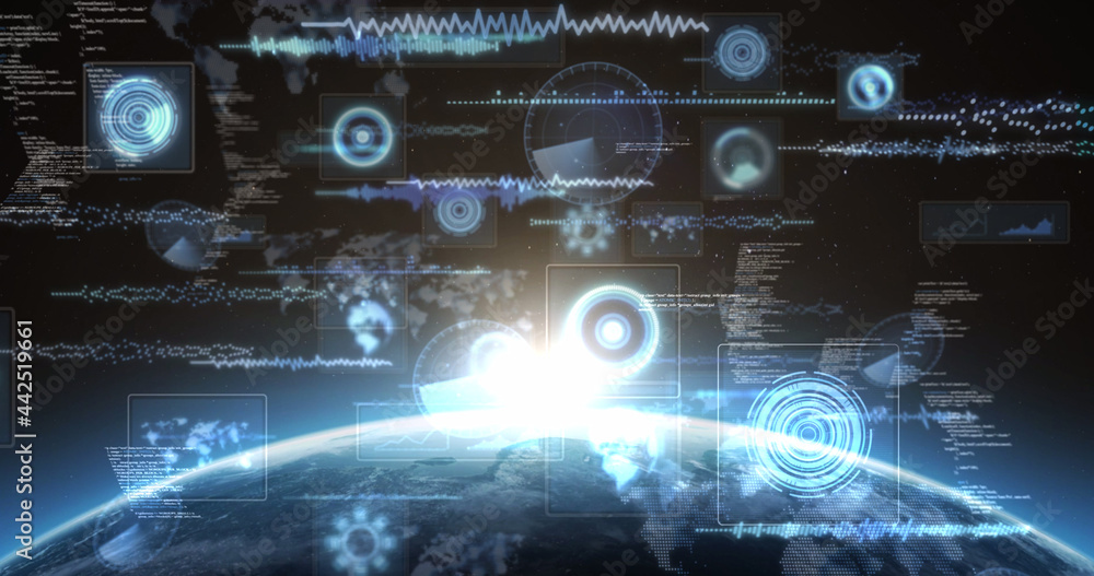 Image of scopes scanning, world map, data processing on screens over globe with glowing horizon Image of scopes scanning, world map, data processing on screens over globe with glowing horizon