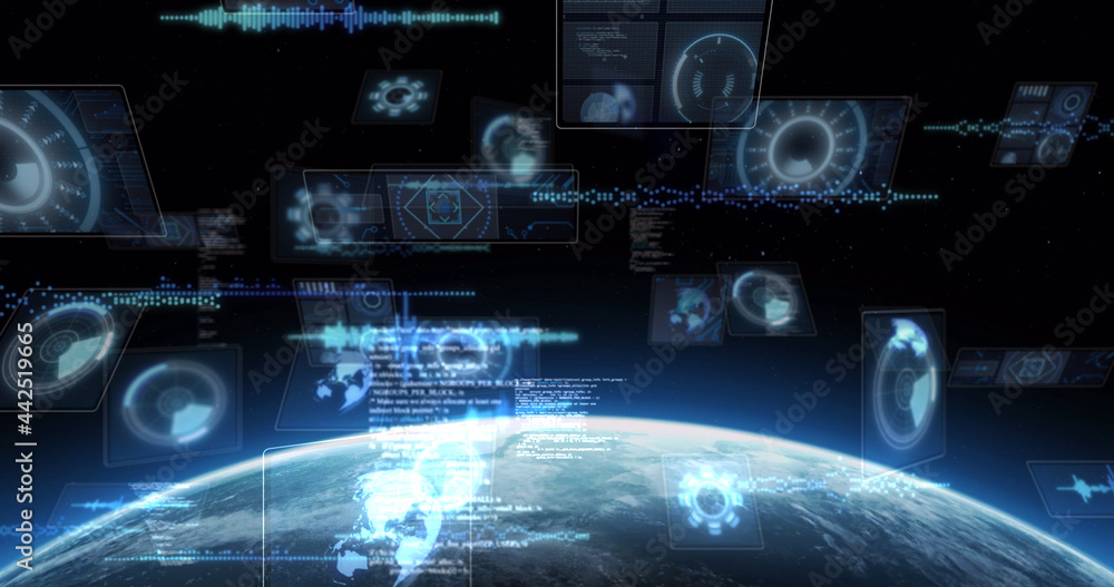 Fototapeta premium Image of scopes scanning, world map, data processing on screens over globe with glowing horizon