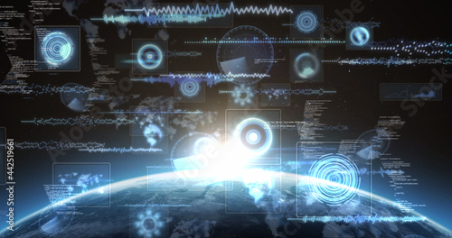 Image of scopes scanning, world map, data processing on screens over globe with glowing horizon