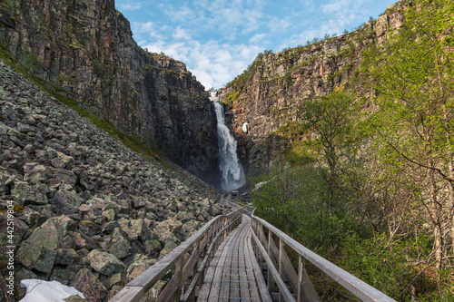The pathway leading up to Swedens highest waterfall "Njupeskär" in Fulufjället national park during a summer morning. 