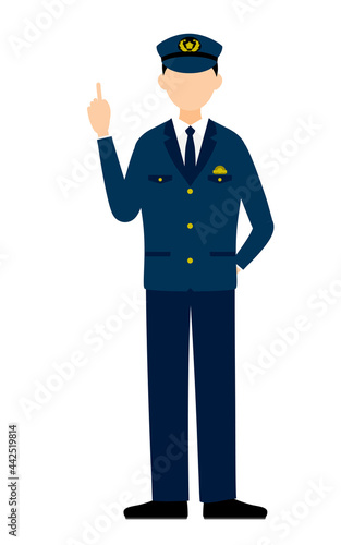 若い男性警官のポーズ、指さし