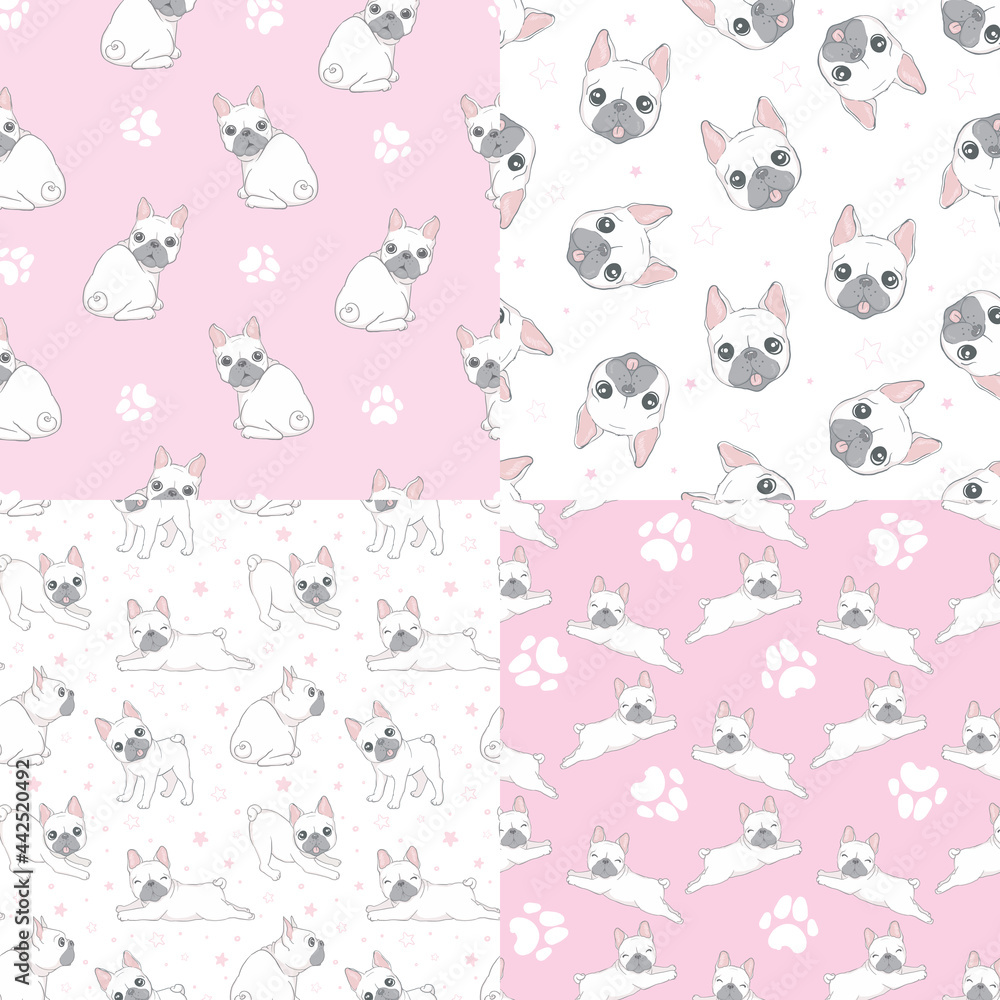 Seamless pattern with cute French bulldog on pink background.