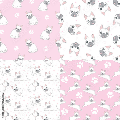 Fototapeta Naklejka Na Ścianę i Meble -  Seamless pattern with cute French bulldog on pink background.