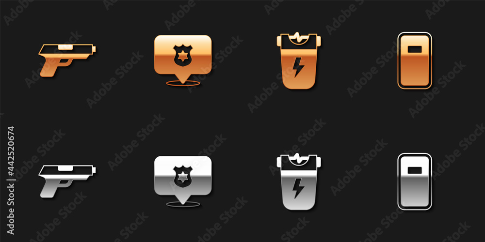 Set Pistol or gun, Police badge, electric shocker and assault shield icon. Vector Set Pistol or gun, Police badge, electric shocker and assault shield icon. Vector