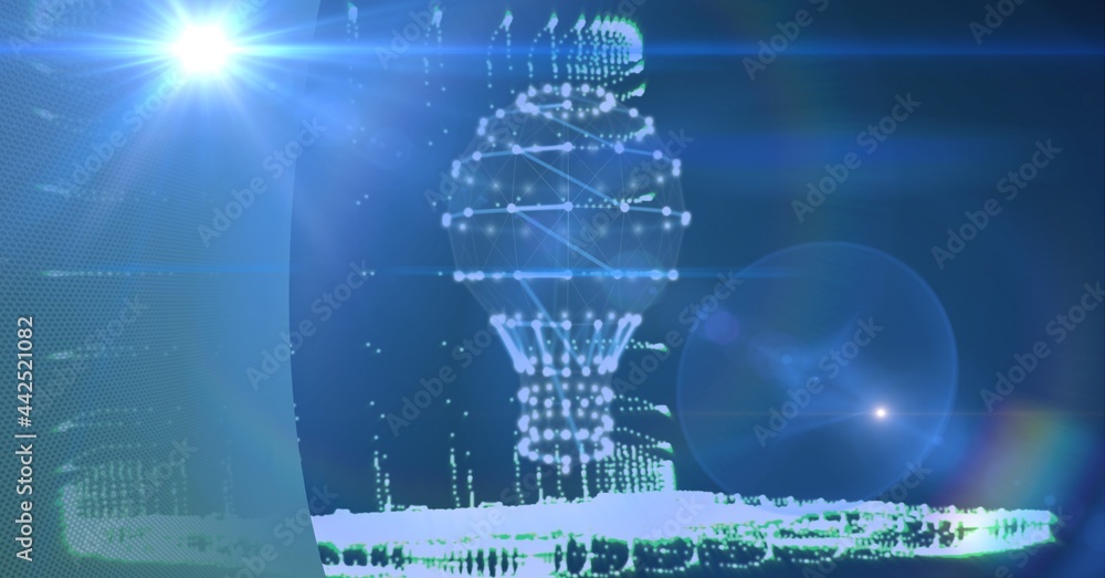 Fototapeta premium Spot of light over bulb of network of connections against blue technology background