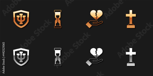 Set Psychology, Psi, Old hourglass, Broken heart or divorce and Graves funeral sorrow icon. Vector