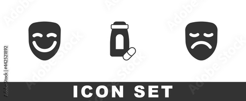 Set Comedy theatrical mask, Sedative pills and Drama icon. Vector