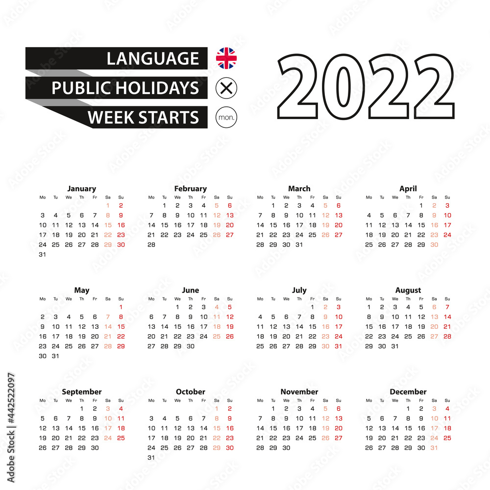 Calendar 2022 in English language, week starts on Monday.
