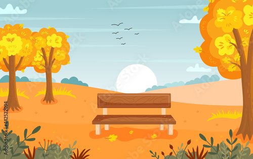 Autumn landscape background. Vector illustration of bench, umbrella, yellow trees and fallen leaves. Vector illustration in flat style