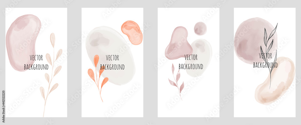 Set of vector universal backgrounds with watercolour shapes copy space for text. Design for social media, story, card, invitation, feed post. Set of vector universal backgrounds with watercolour shapes copy space for text. Design for social media, story, card, invitation, feed post.