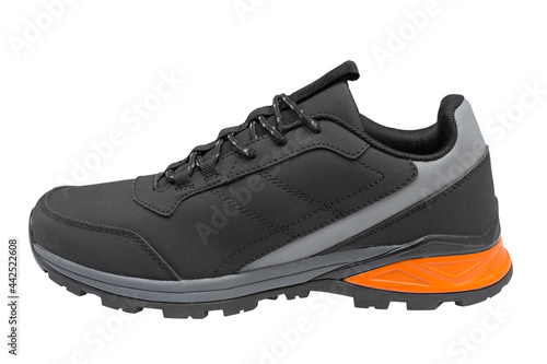 Black nubuck leather shoes for casual walking, on a white background