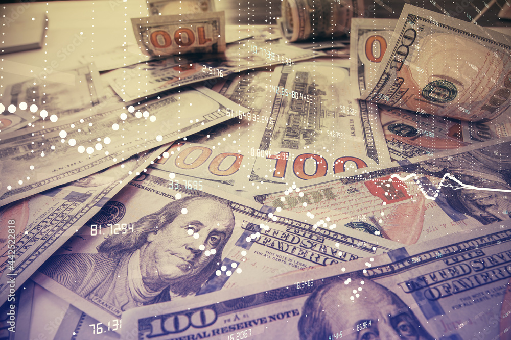 Double exposure of data theme drawing over us dollars bill background. Technology concept. Double exposure of data theme drawing over us dollars bill background. Technology concept.