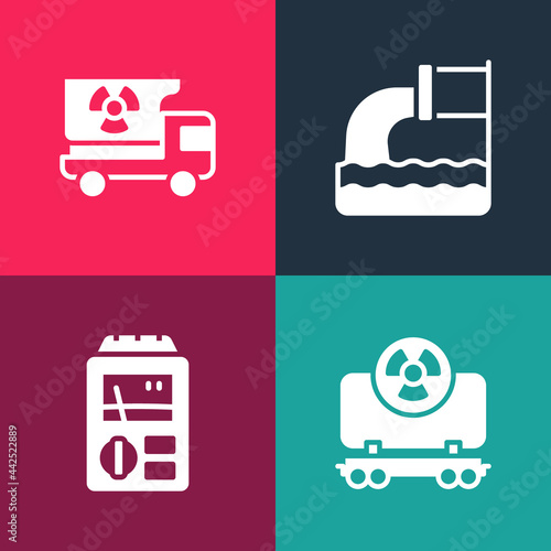Set pop art Radioactive cargo train, Dosimeter, Wastewater and Truck with radiation materials icon. Vector