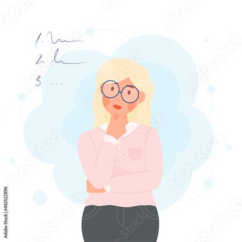Female in glasses thinking or planning to do list, concept illustration