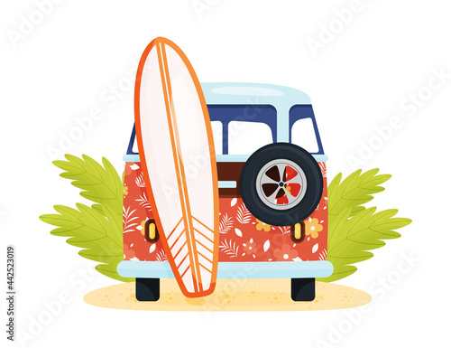 Beautiful red Van with surf and spare wheel on the back. Summer beach  vector illustration.