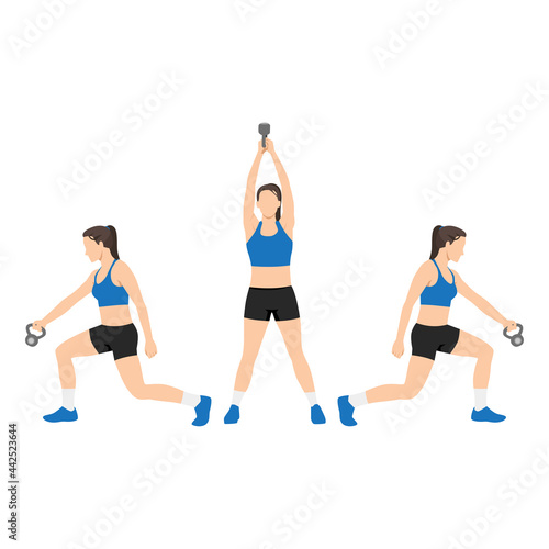 Woman doing Lunge sweeps exercise. Flat vector illustration isolated on white background