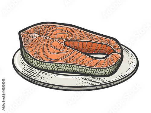Atlantic salmon fish steak color line art sketch engraving vector illustration. T-shirt apparel print design. Scratch board imitation. Black and white hand drawn image.