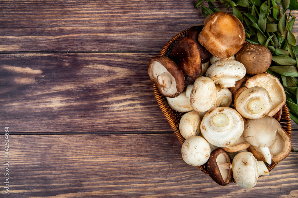 top view of fresh mushrooms in a wicker basket on rustic wooden background with copy space top view of fresh mushrooms in a wicker basket on rustic wooden background with copy space