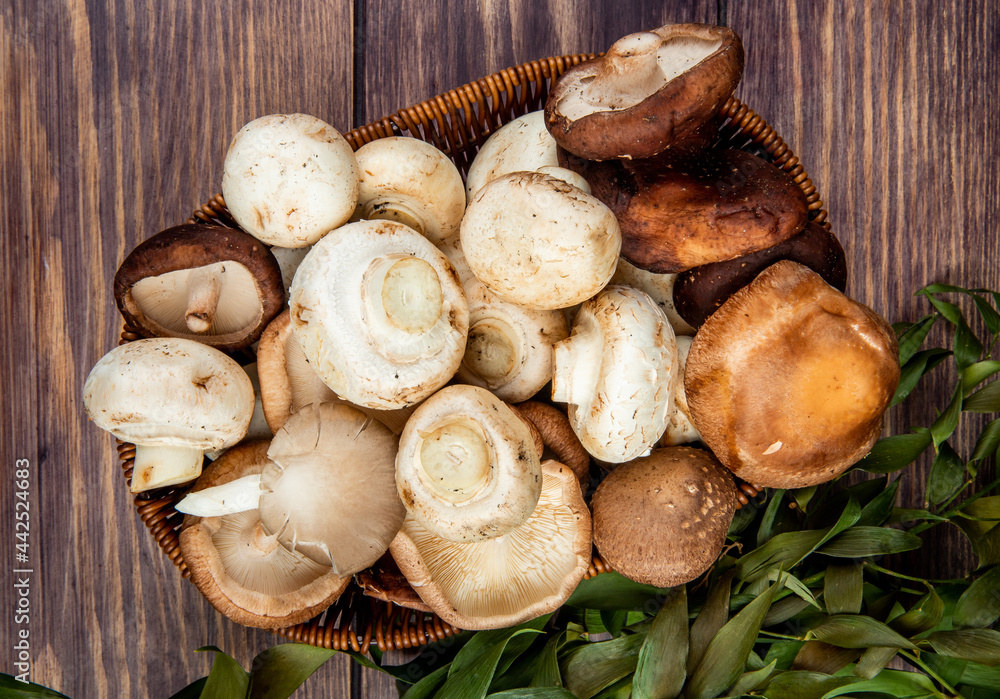 top view of fresh mushrooms in a wicker basket on rustic wooden background