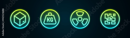 Set line Carton cardboard box, Weight, Radioactive and QR code. Glowing neon icon. Vector