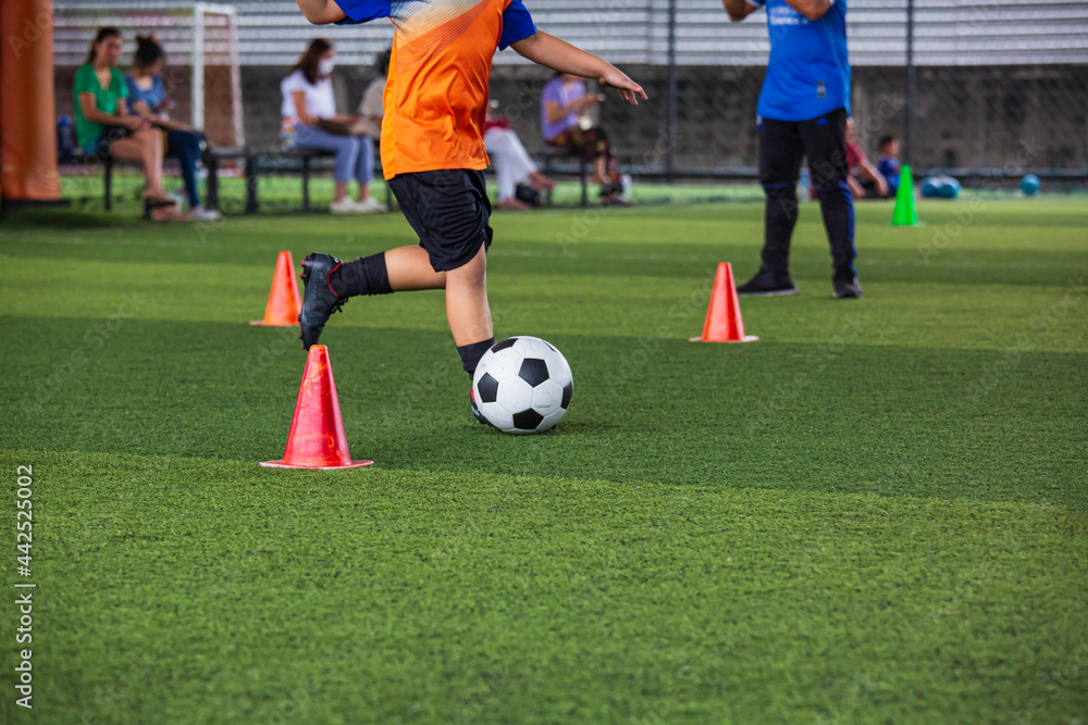 Children playing control soccer ball tactics on grass field with for training Children playing control soccer ball tactics on grass field with for training