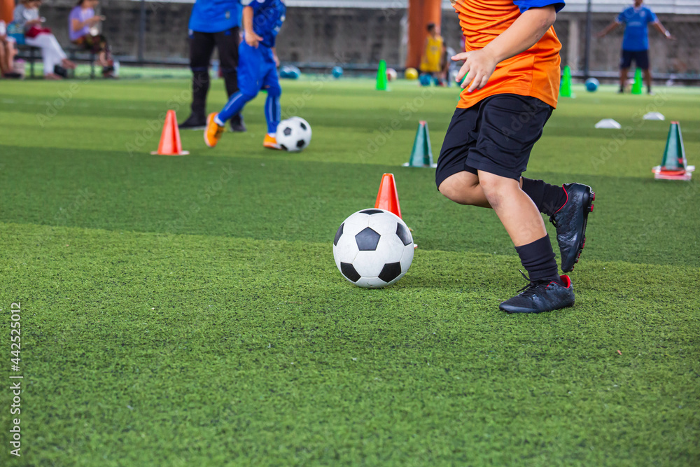 Children playing control soccer ball tactics on grass field with for training Children playing control soccer ball tactics on grass field with for training