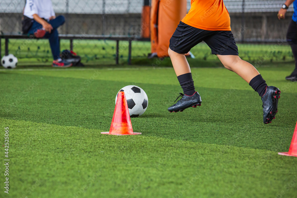 Children playing control soccer ball tactics on grass field with for training Children playing control soccer ball tactics on grass field with for training