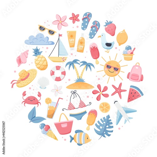 Summer set with cute beach elements bikini, flip flops, fruits, flowers, palm trees. Hand drawn flat cartoon elements. Vector illustration