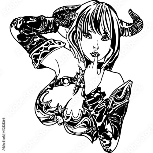Demon girl with horns and big breasts