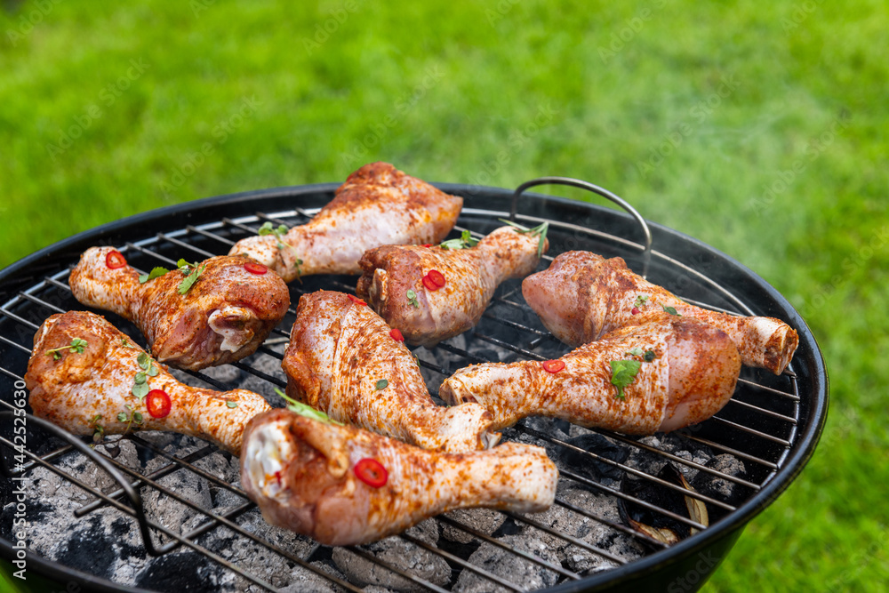 Chicken Drumstick Legs Grilling on Charcoal BBQ. Summer Picnic Food in Backyard Garden