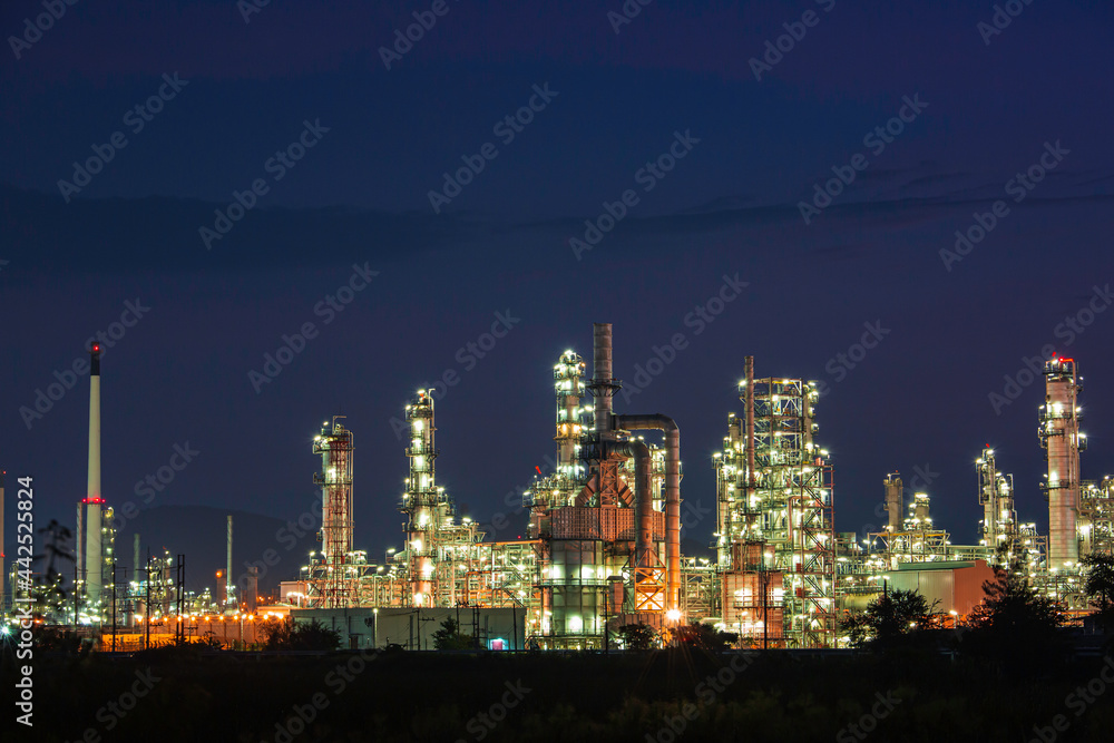 Night scene of oil refinery plant and power plant of Petrochemistry industry