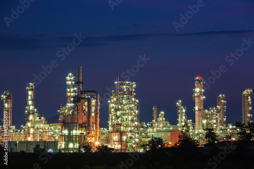 Night scene of oil refinery plant and power plant of Petrochemistry industry