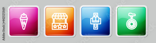 Set line Ice cream in waffle cone, Ticket box office, Attraction carousel and Unicycle or wheel bicycle. Colorful square button. Vector