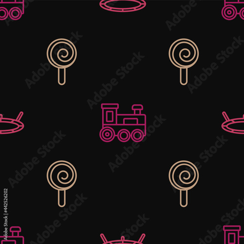 Set line Jumping trampoline, Lollipop and Toy train on seamless pattern. Vector