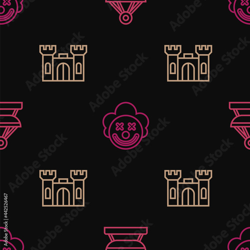 Set line Boat swing, Castle and Clown head on seamless pattern. Vector